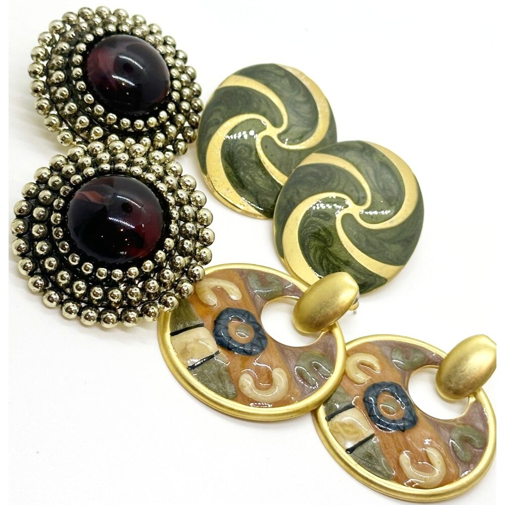 Vintage Enamel Statement Earrings Earthtones Bohemian Green Brown Gold Tone